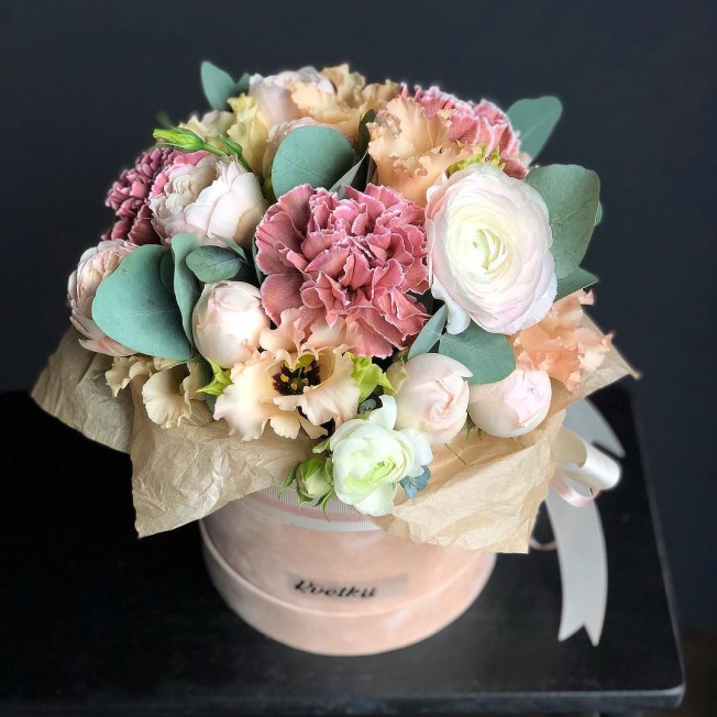 Flowers in box №70 - peony roses, carnation, ranunculus, ozotamnus